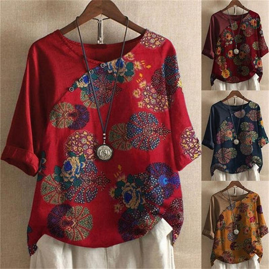 🔥FREE SHIPPING🔥Women's Button Short Sleeve Floral Print T-Shirt