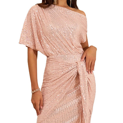 🔥New Luxury Gowns🔥Sparkly One-Shoulder Ruched Dress -Buy 2 Free Shipping