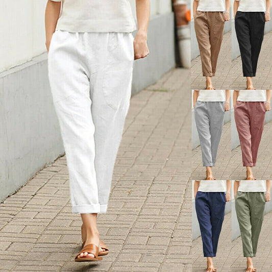 Solid Color Cotton and Linen Casual Pants with Pockets