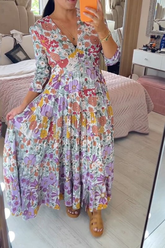 Casual floral print V-neck waist wrap long dress